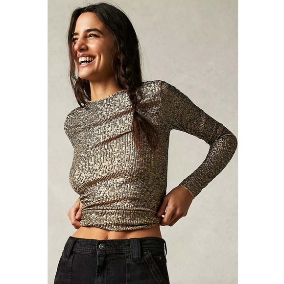 Free People Intimately Gold Rush Combo Sequins Top Blouse Size Small - Picture 5 of 15